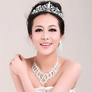 Pretty Alloy Silver Plated With Rhinestone Wedding Bridal Tiara Necklace Earrings Jewelry Set