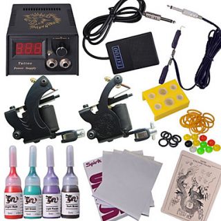 2 Dual Coils Tattoo Gun 4 Color Ink Tattoo Kit with LCD Power Supply