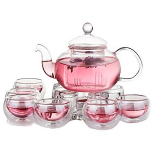 Heatproof Teapot Set, Glass 1pc 19oz Teapot/6pcs Teacups/1pc Heart Candleholder