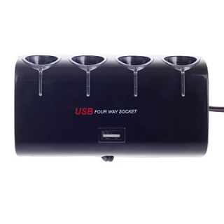 Yeleno Y 084 1 to 4 Way Car Cigarette Lighter Socket Splitter w/ USB Port   Black (12~24V)