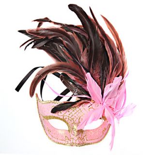 Wild Princess Pink Plastic Halloween Mask with Brown Feather
