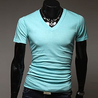 Aowofs HOT New Style Pure Color Korean Style Short sleeve V neck T shirt(Light Blue)
