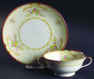 Noritake N431 Footed Cream Soup Bowl & Saucer Set, Fine China Dinnerware   Red &