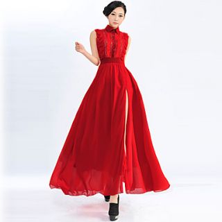 Color Party Womens Shirt Collar Lace Slim Fit Long Dress (Red)