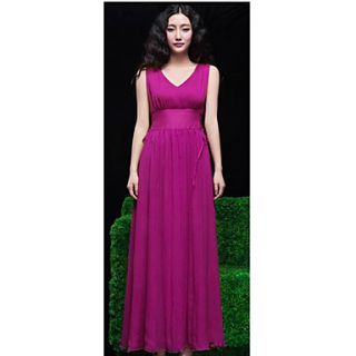 Color Party Womens Silk V Neck Swing Long Dress (Purple)