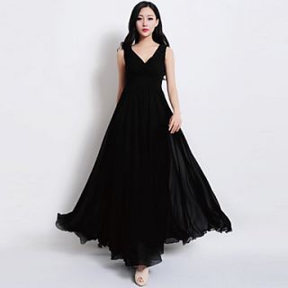 Color Party Womens V Neck Solid Color Dress (Black)