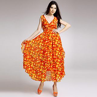 Color Party Womens V Neck Swing Beach Dress (Orange)