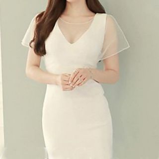 Nishang Sexy New Nightclub Spell Yarn Deep V Perspective Dress(White)