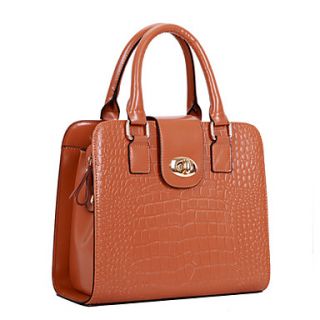 Global Freeman Womens Crocodile Simple Solid Color Leather Tote(Brown)
