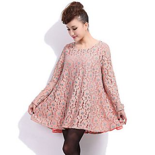 JRY Womens Simple Round Neck Orange Lace Joint Chiffon Long Sleeve Loose Fit Dress