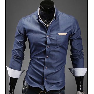 HKWB Casual Long Sleeve Leather Joint Pocket Shirt(Dark Blue)