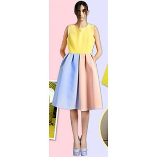 Jingpin Contrast Color Sleeveless Waisted Dress (Yellow)