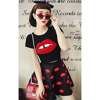 Jingpin Red Mouth Printing Shirt With Large Hem Skirt (Black)