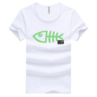 LangXin Mens Korean Round Collar Casual Fish Bone Print Short Sleeve T Shirt(Black,White)