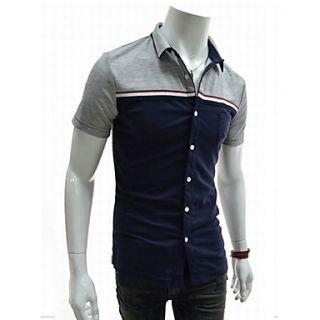 ZHELIN Mens Lapel Neck Short Sleeve Bodycon Contrast Color Navy Blue 100% Cotton T Shirt