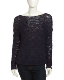 Pullover Open Knit Sweater, Navy