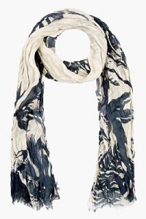 Closed Blue And Beige Linen Crimped And Printed Scarf