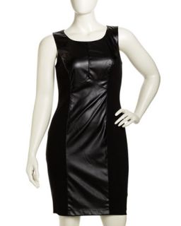 Faux Leather & Ponte Dress, Black, Womens