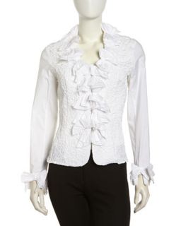 Crinkled Stretch Knit Bow Ruffle Blouse, White