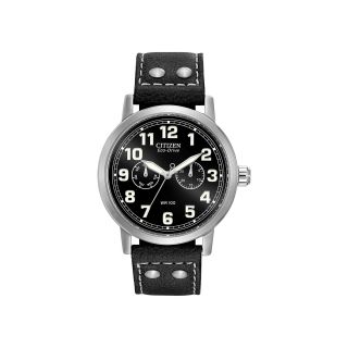 Citizen Eco Drive Vintage Strap Mens Silver Tone Black Leather Watch AO9030 21E