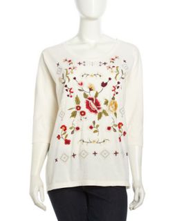 Three Quarter Dolman Sleeve Floral Embroidered Tee, Brie