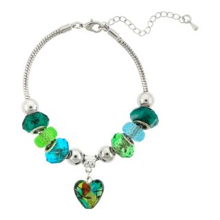 Bridge Jewelry Silver Plated Blue and Green Glass Bead Heart Bracelet