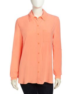 Long Sleeve Sandwashed Button Down Blouse, Coral