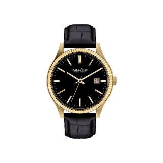 Caravelle New York Gold Tone Case & Black Leather Strap Watch, Mens