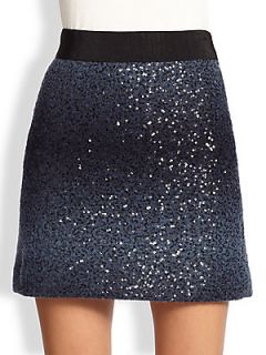 MILLY Gradient Sequin Stretch Wool Mini Skirt   Cobalt
