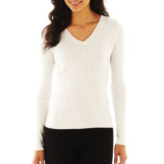 LIZ CLAIBORNE Cable V Neck Sweater, White, Womens