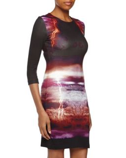 Storm Print Stretch Dress, Black/Beige