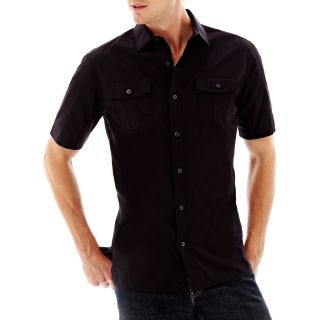 CLAIBORNE Short Sleeve Button Front Shirt, Black, Mens