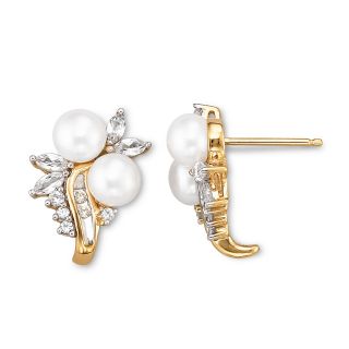 Pearl & White Sapphire Earrings 14K Gold Over Sterling Silver, Cfwp/lab Saph,