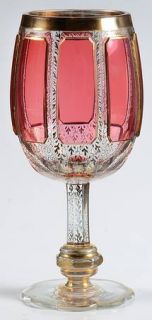 Unknown Crystal Unk11375 Water Goblet   Red Panels W/Gold Accent,Gold Knob Stem