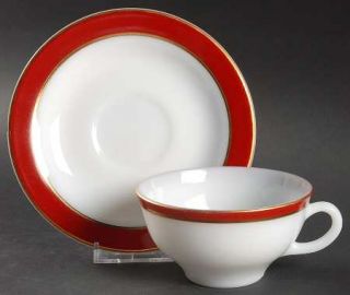 Pyrex Maroon Gold Flat Cup & Saucer Set, Fine China Dinnerware   Maroon Band,Whi