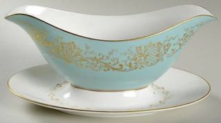 Royal Doulton Delamerie Turquoise Gravy Boat with Attached Underplate, Fine Chin