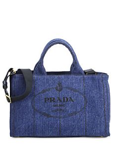 Prada Logo Printed Medium Denim Tote   Blue