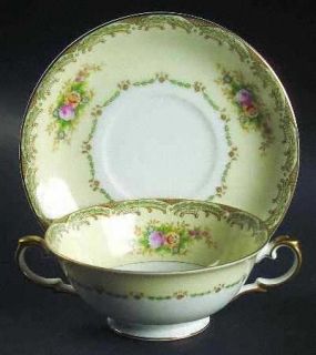 Meito V903 Footed Cream Soup Bowl & Saucer Set, Fine China Dinnerware   Yellow B