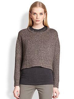 Brunello Cucinelli Cropped Tweed Knit Sweater & Jeweled Shell Set   Wheat