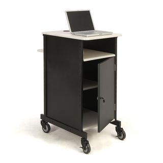 Oklahoma Sound Jumbo Presentation Cart (Woodgrain/blackMaterials MDFOverall dimensions 40 inches high x 33 inches deep x 21 inches wideSurface dimensions 27 inches deep x 21 inches wideMiddle projector shelf 30.5 inches wide x 17.5 inches deepLaptop a