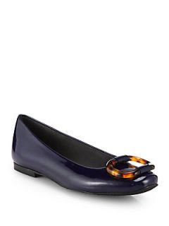 Stuart Weitzman French Horn Patent Leather Buckle Flats   Ink