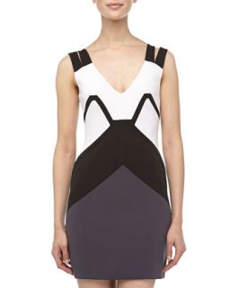 Geometric Colorblock Cocktail Dress, White/Black/Charcoal