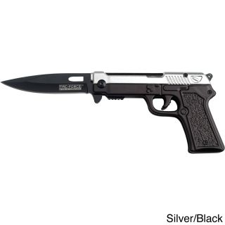 Tac force Gun Shaped 4.5 inch Assisted Opening Folding Knife (Black, Digital Camo, Desert Camo, Grey/Black, Silver/Grey, Silver/BlackBlade materials Stainless steelHandle materials MetalBlade length 2.75 inchesHandle length 4.5 inchesWeight 0.43 poun