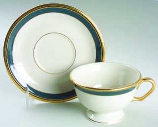 Pickard Biscayne Footed Cup & Saucer Set, Fine China Dinnerware   Green Border,I