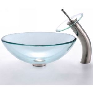 Kraus C GV 101 12mm 10SN Clear Glass Clear Glass Vessel Sink and Waterfall Fauce