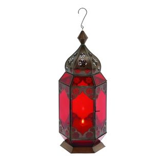 Traditional Metal Lantern With Red Glass (RedMaterials Glass, metalQuantity One (1) lanternSetting Indoor and outdoorDimensions 17 inches high x 7 inches wide x 7 inches deep )