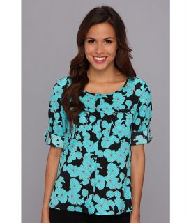 Anne Klein Orchid Print Roll Sleeve Shirt Womens Long Sleeve Button Up (Blue)