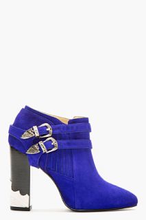 Toga Pulla Blue Suede Western Buckle Ankle Boots