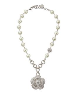 Pearly Bead Pave Flower Pendant Necklace