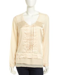 Pleated Mixed Media Blouse, Champagne